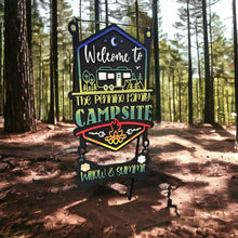 Load image into Gallery viewer, Black Background Welcome to our Mountain Campsite Personalized Sign