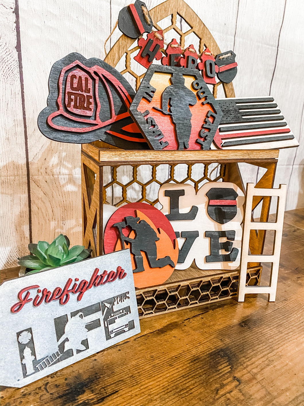 Tiered Tray Firefighter Decor