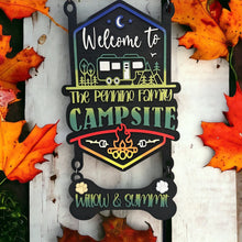 Load image into Gallery viewer, Black Background Welcome to our Mountain Campsite Personalized Sign
