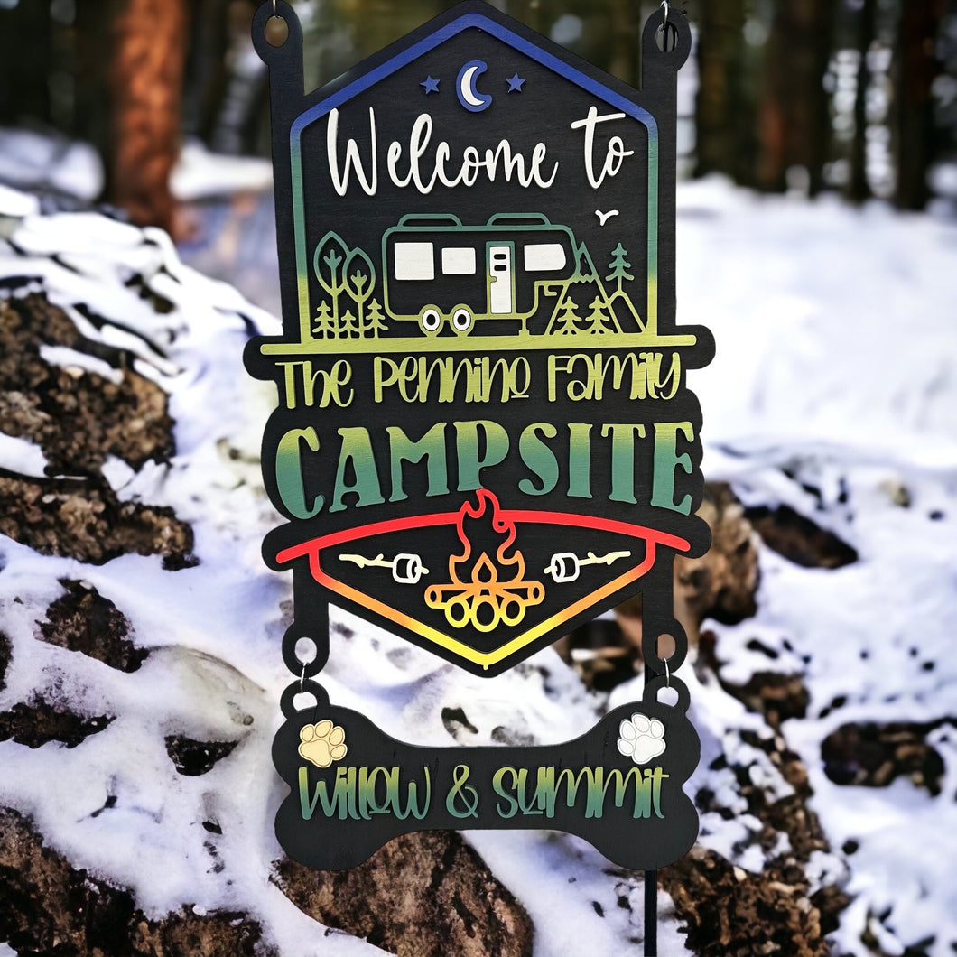 Black Background Welcome to our Mountain Campsite Personalized Sign