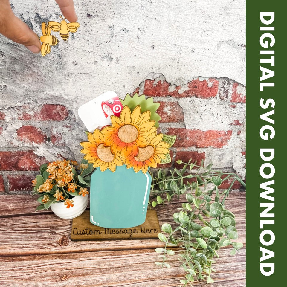 Digital SVG Download - Sunflower Mason Jar with Bees Gift Card Holder